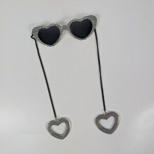 VTG Fashion Heart Sunglasses Ear Chain Dangling Chain Black White Stripe RARE